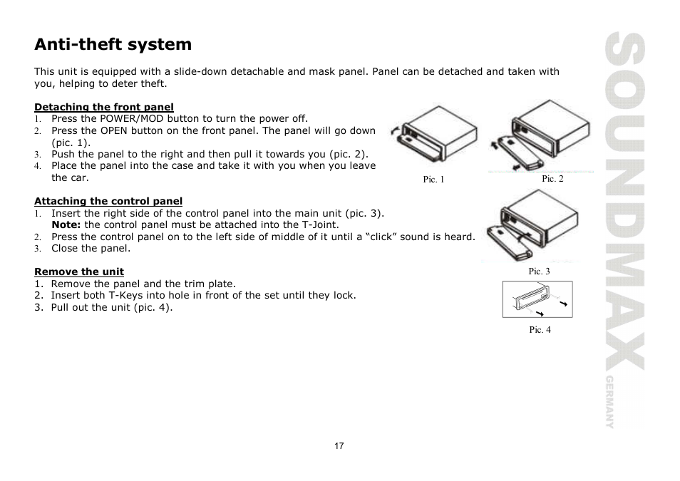 Anti-theft system | SoundMax SM-CDM1030 User Manual | Page 17 / 39