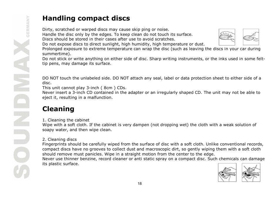 Handling compact discs, Cleaning | SoundMax SM-CDM1030 User Manual | Page 18 / 39