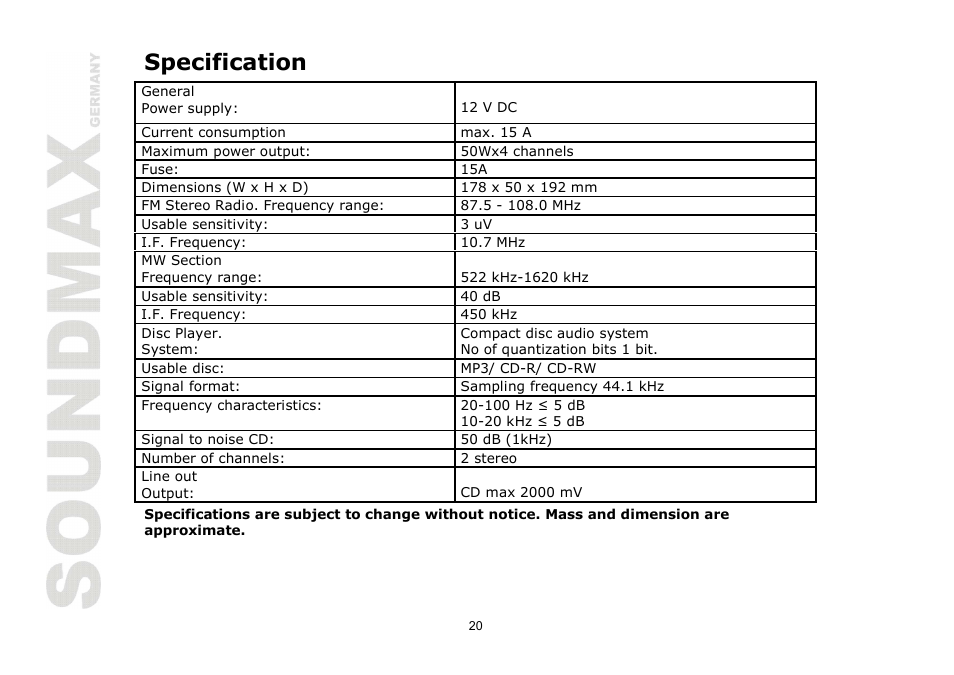 Specification | SoundMax SM-CDM1030 User Manual | Page 20 / 39