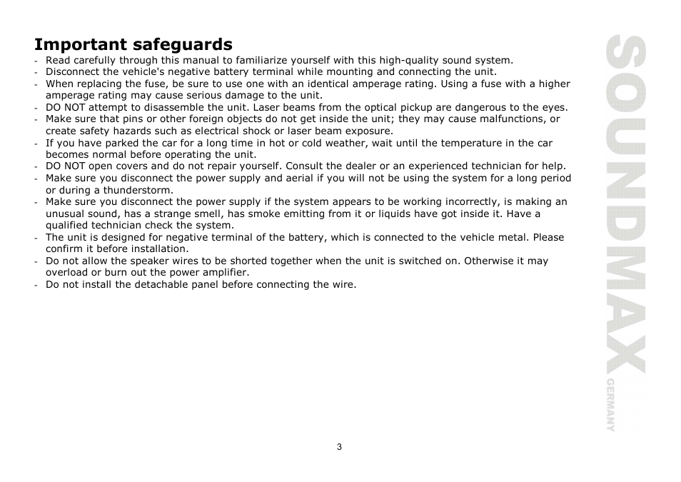 Important safeguards | SoundMax SM-CDM1030 User Manual | Page 3 / 39