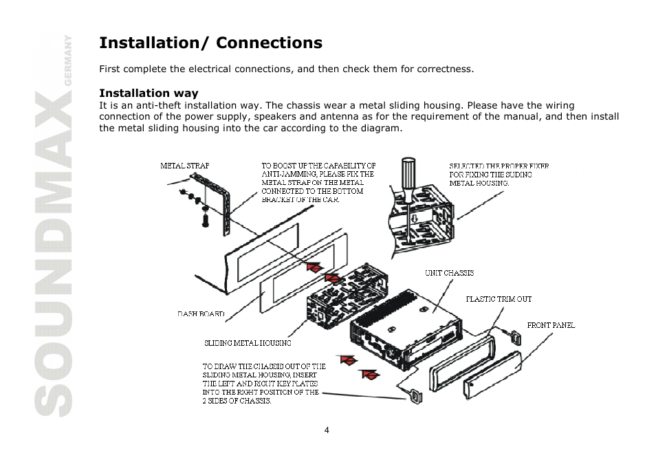Installation/ connections | SoundMax SM-CDM1030 User Manual | Page 4 / 39