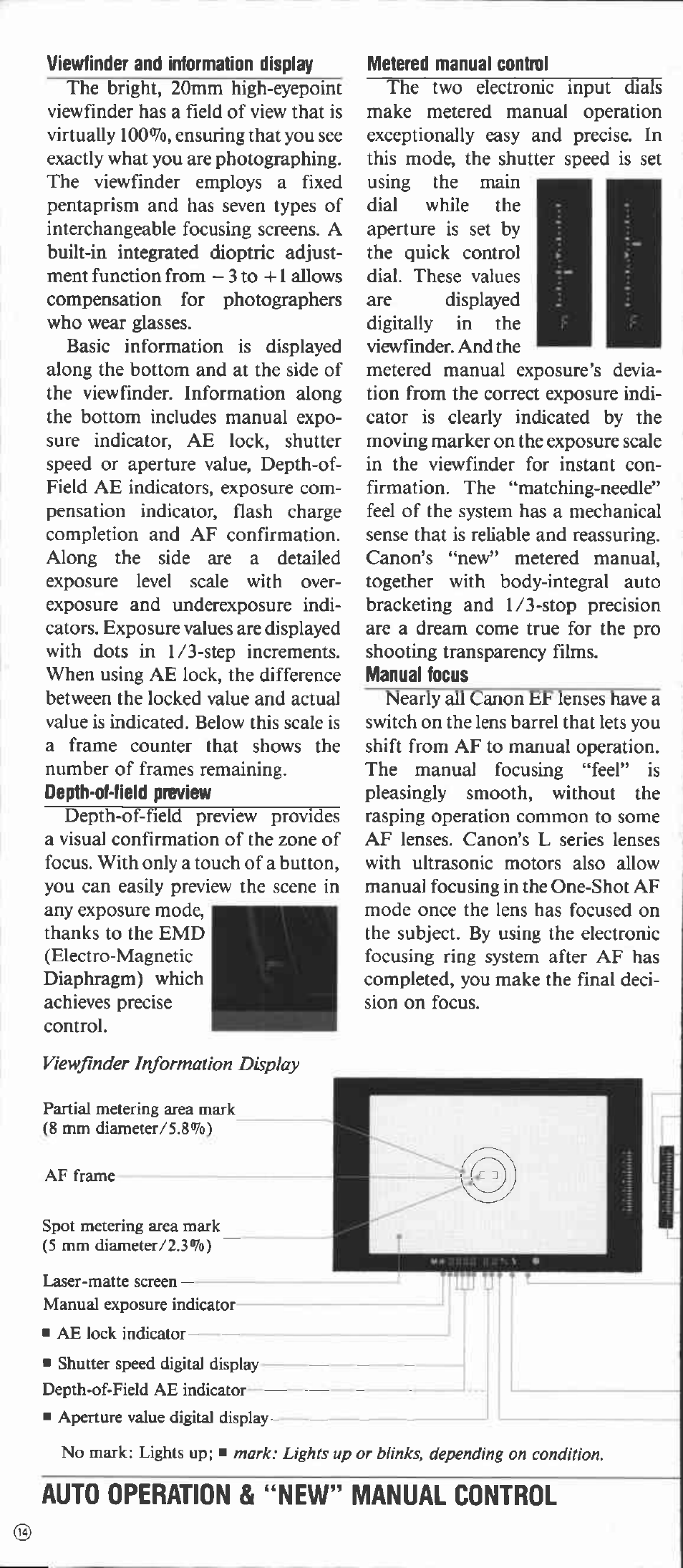 Manual focus, Auto operation & “new” manual control | Canon EOS-1 User Manual | Page 14 / 44