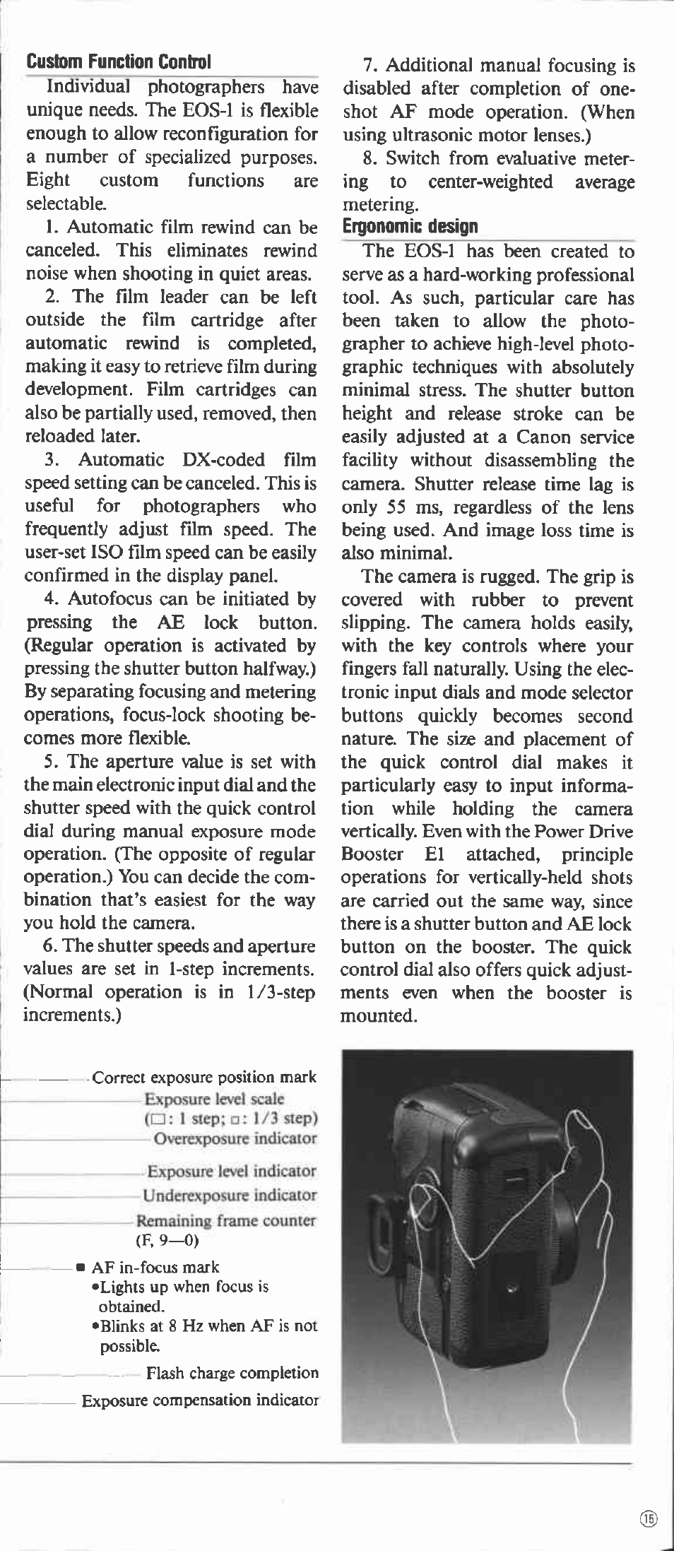 Custom function control, Ergonomic design | Canon EOS-1 User Manual | Page 15 / 44