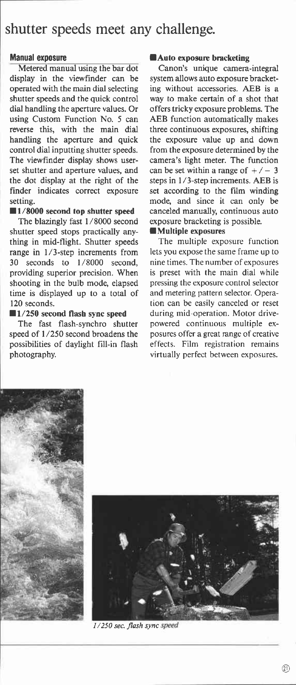 Manual exposure, Shutter speeds meet any challenge | Canon EOS-1 User Manual | Page 21 / 44