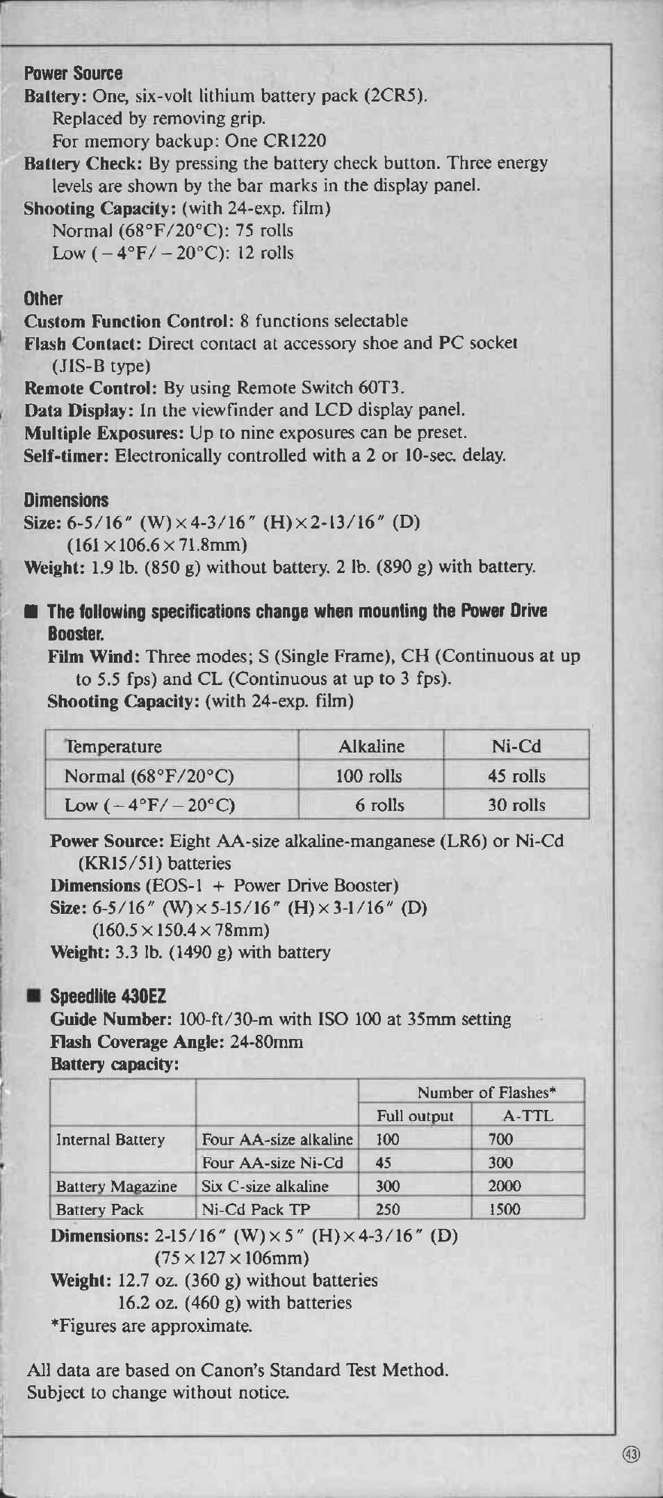 Power source, Other, Dimensions | Speediite 430ez | Canon EOS-1 User Manual | Page 43 / 44