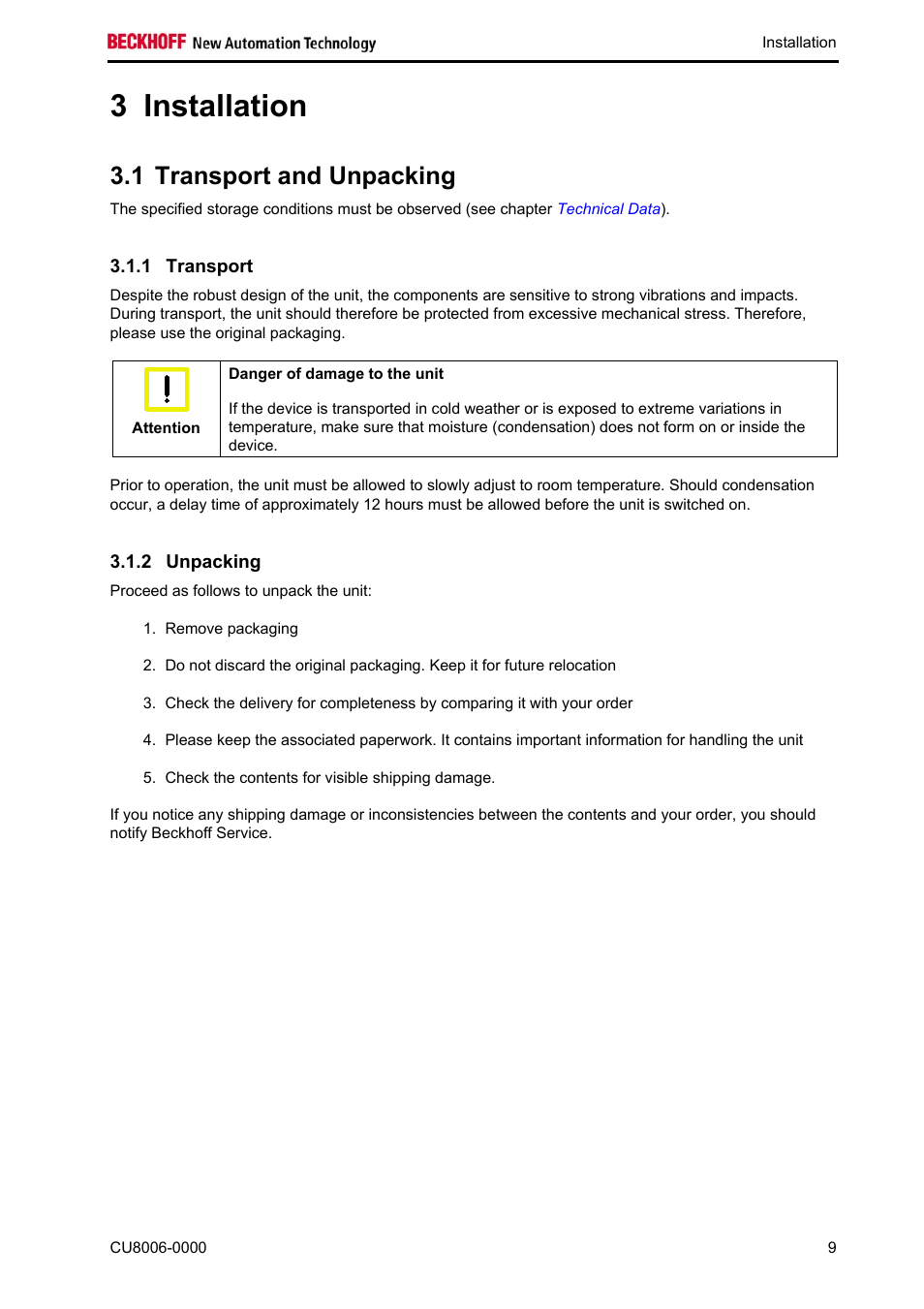 Installation, Transport and unpacking, Transport | Unpacking, Installation 9, 3 installation, 1 transport and unpacking | BECKHOFF CU8006-0000 User Manual | Page 11 / 18