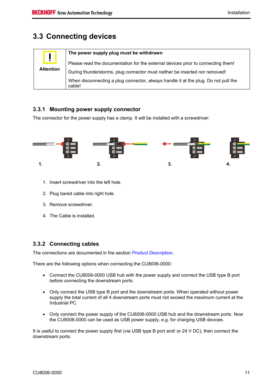 Connecting devices, Mounting power supply connector, Connecting cables | 3 connecting devices | BECKHOFF CU8006-0000 User Manual | Page 13 / 18