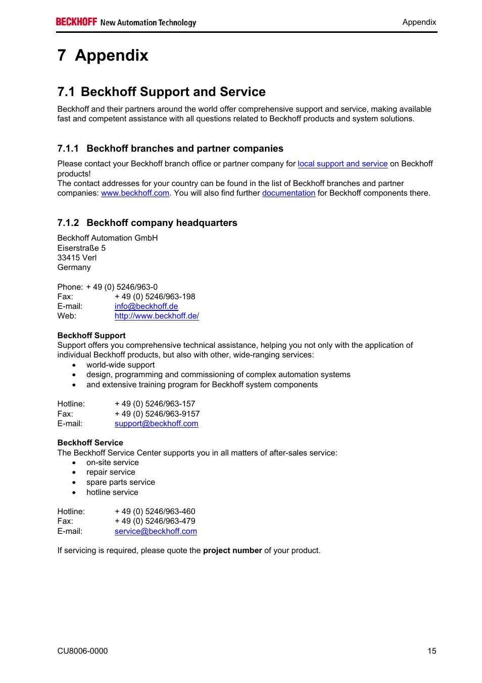 Appendix, Beckhoff support and service, Beckhoff branches and partner companies | Beckhoff company headquarters, Beckhoff support, Beckhoff service, Appendix 15, 7 appendix, 1 beckhoff support and service | BECKHOFF CU8006-0000 User Manual | Page 17 / 18