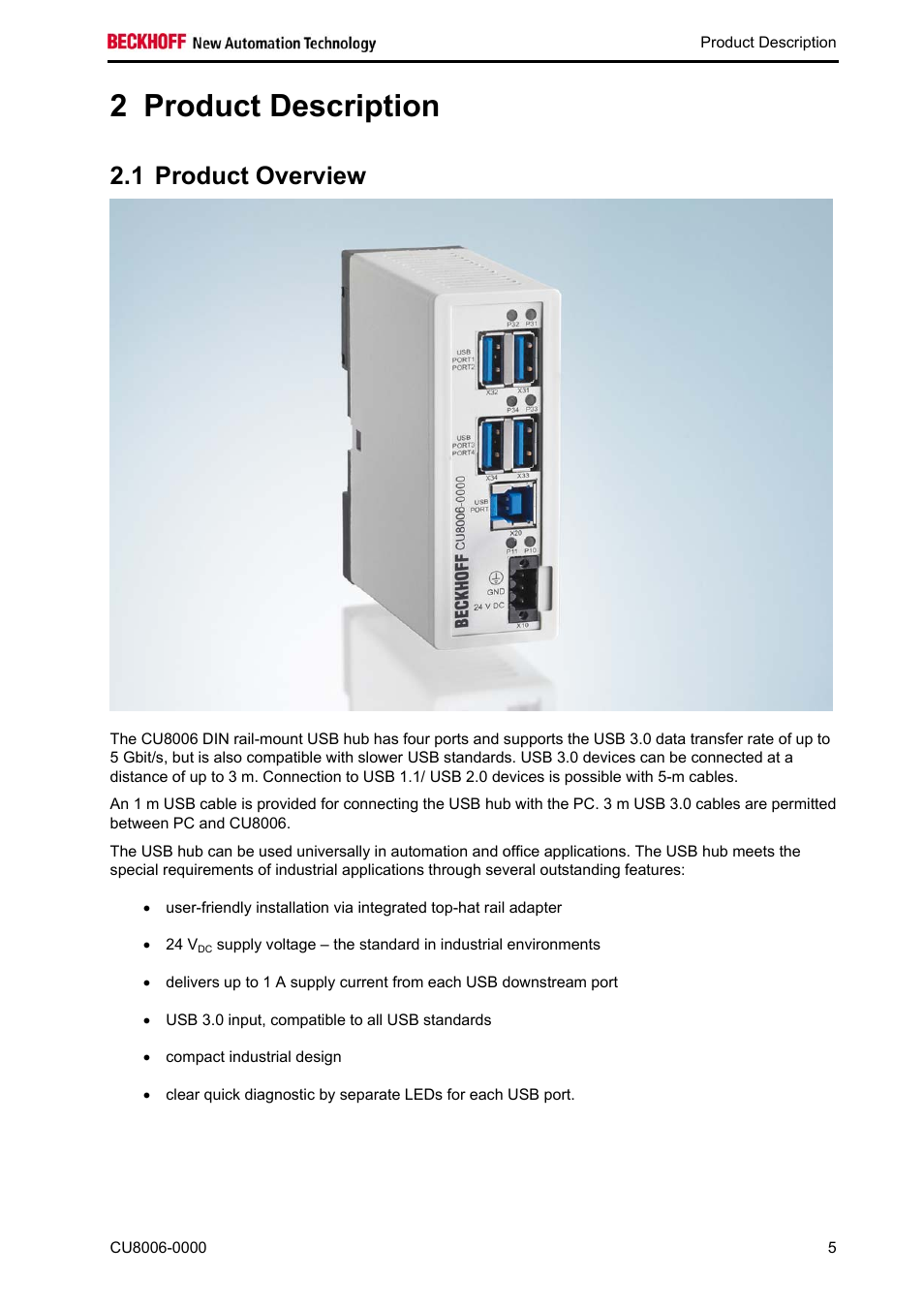 Product description, Product overview, 2 product description | 1 product overview | BECKHOFF CU8006-0000 User Manual | Page 7 / 18