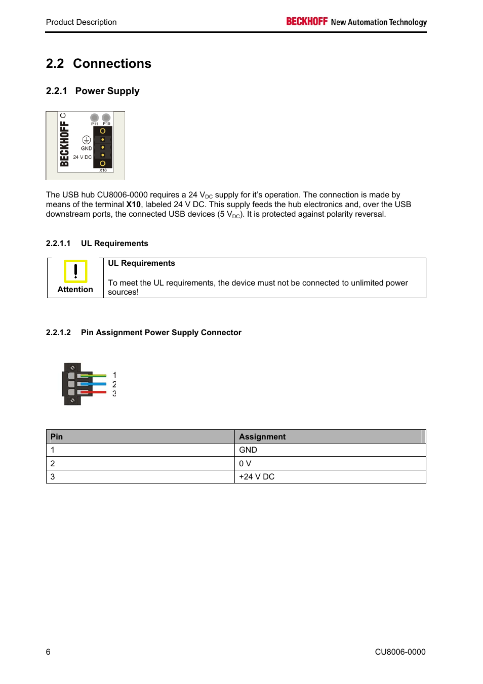 Connections, Power supply, Ul requirements | Pin assignment power supply connector, Connections 6, 2 connections | BECKHOFF CU8006-0000 User Manual | Page 8 / 18