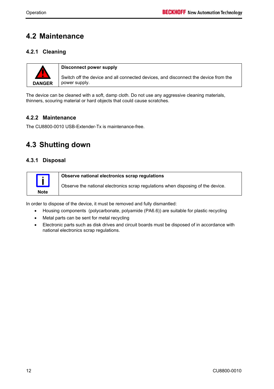 Maintenance, Cleaning, Shutting down | Disposal, Maintenance 12, 2 maintenance, 3 shutting down | BECKHOFF CU8800-0010 User Manual | Page 14 / 18