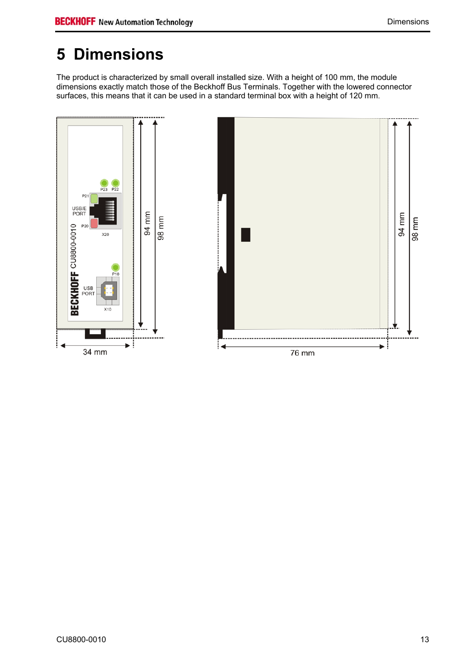 Dimensions, Dimensions 13, 5 dimensions | BECKHOFF CU8800-0010 User Manual | Page 15 / 18