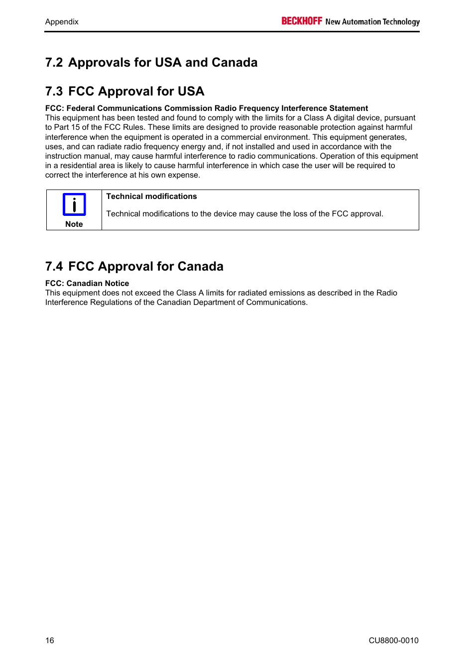 Approvals for usa and canada, Fcc approval for usa, Fcc approval for canada | Fcc: canadian notice, 4 fcc approval for canada | BECKHOFF CU8800-0010 User Manual | Page 18 / 18