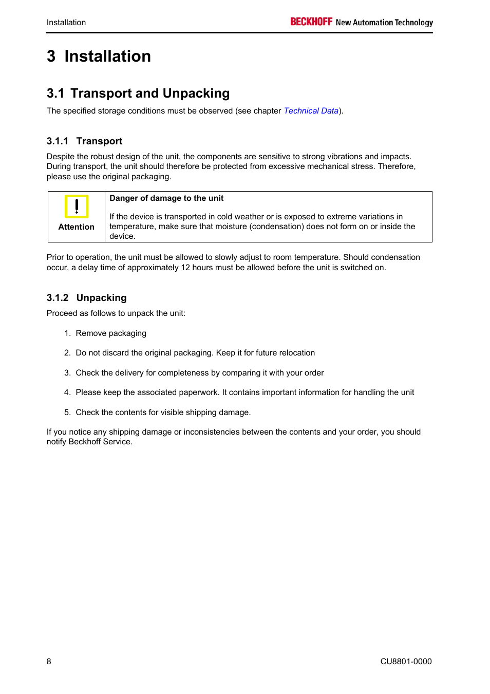 Installation, Transport and unpacking, Transport | Unpacking, Installation 8, 3 installation, 1 transport and unpacking | BECKHOFF CU8801-0000 User Manual | Page 10 / 18