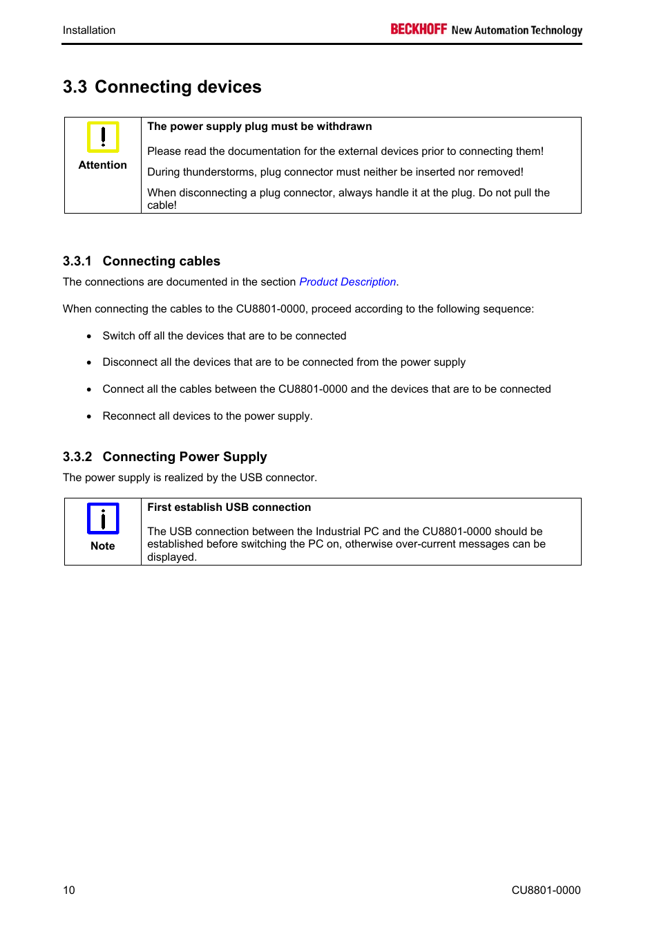 Connecting devices, Connecting cables, Connecting power supply | 3 connecting devices | BECKHOFF CU8801-0000 User Manual | Page 12 / 18