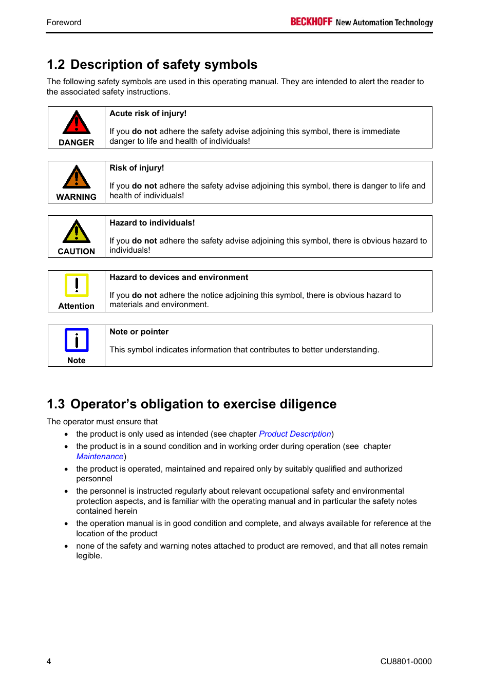 Description of safety symbols, Operator’s obligation to exercise diligence, 2 description of safety symbols | 3 operator’s obligation to exercise diligence | BECKHOFF CU8801-0000 User Manual | Page 6 / 18
