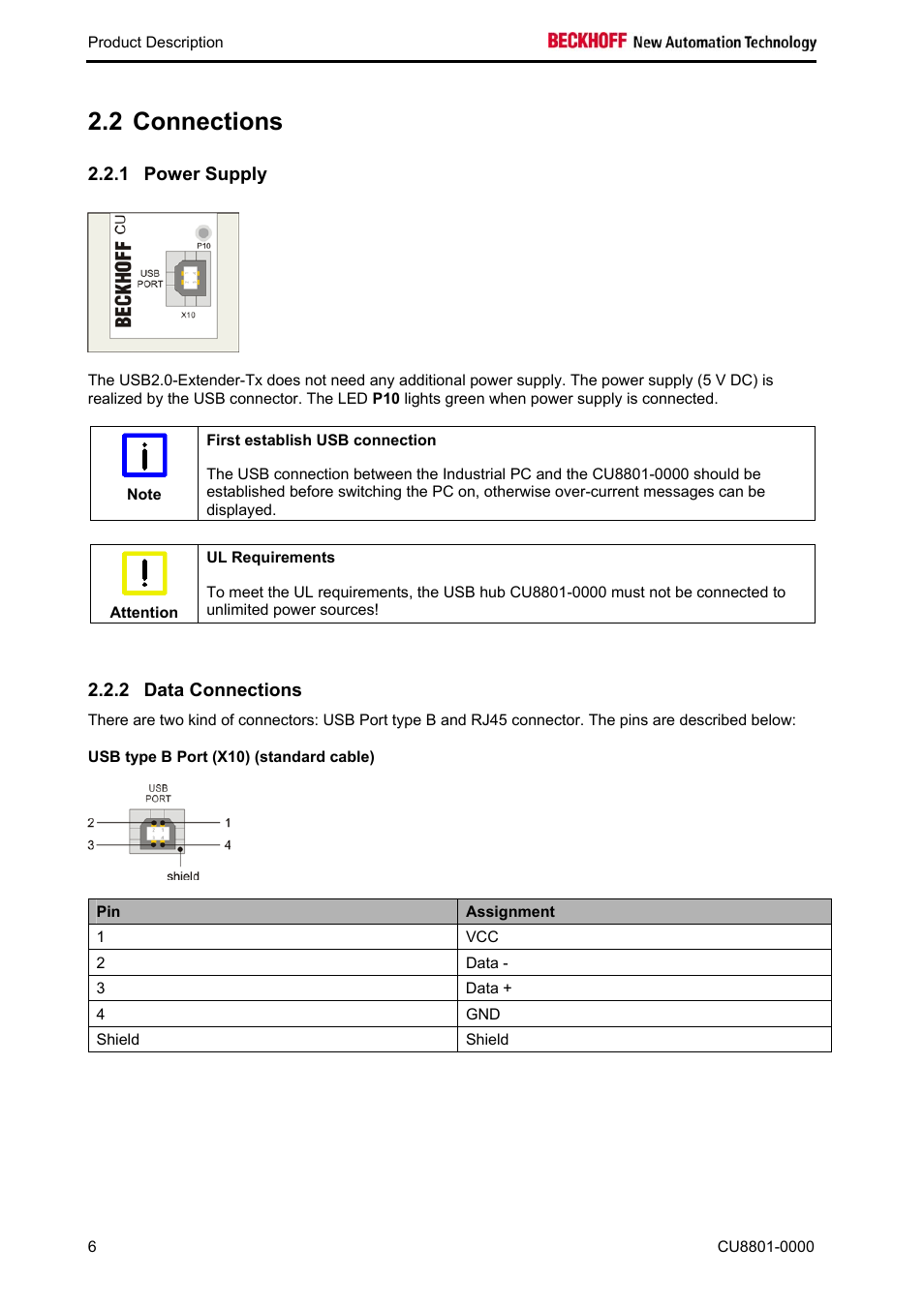 Connections, Power supply, Data connections | Connections 6, 2 connections | BECKHOFF CU8801-0000 User Manual | Page 8 / 18