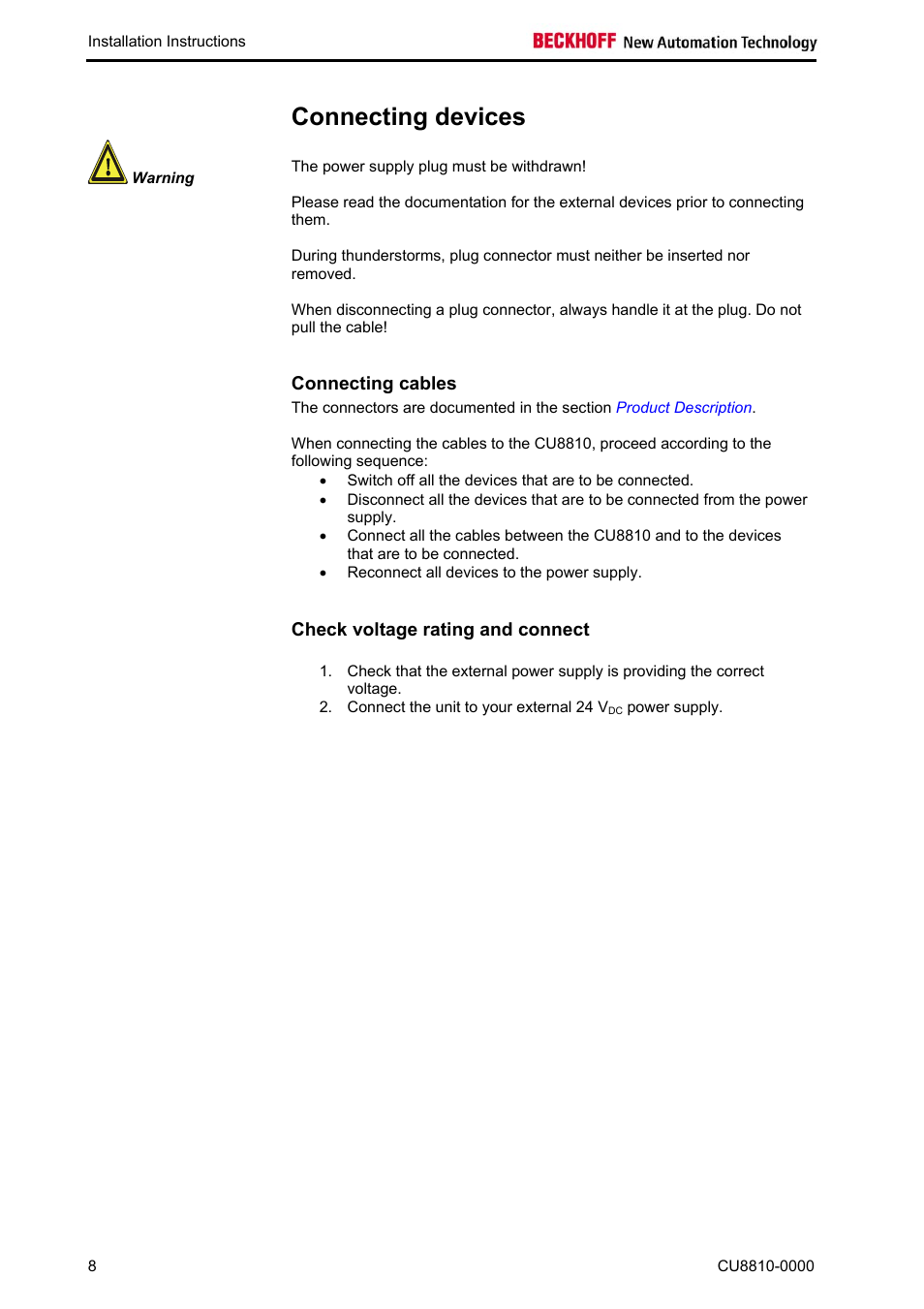 Connecting devices, Connecting cables, Check voltage rating and connect | BECKHOFF CU8810-0000 User Manual | Page 10 / 19