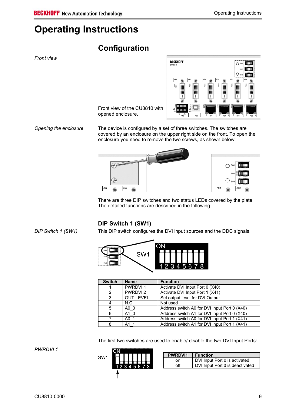 Operating instructions, Configuration, Dip switch 1 (sw1) | Configuration 9 | BECKHOFF CU8810-0000 User Manual | Page 11 / 19