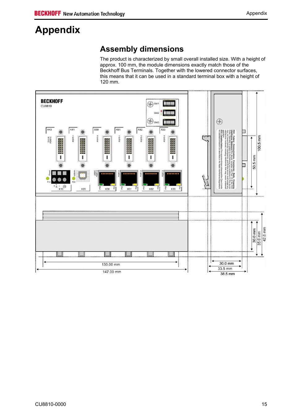 Appendix, Assembly dimensions, Appendix 15 | BECKHOFF CU8810-0000 User Manual | Page 17 / 19