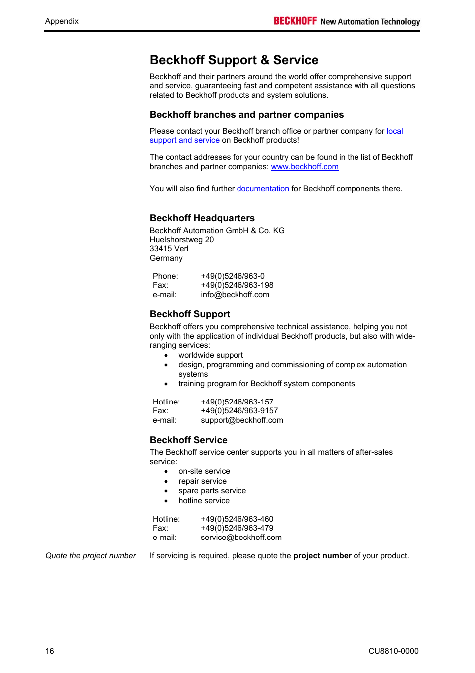 Beckhoff support & service, Beckhoff branches and partner companies, Beckhoff headquarters | Beckhoff support, Beckhoff service | BECKHOFF CU8810-0000 User Manual | Page 18 / 19