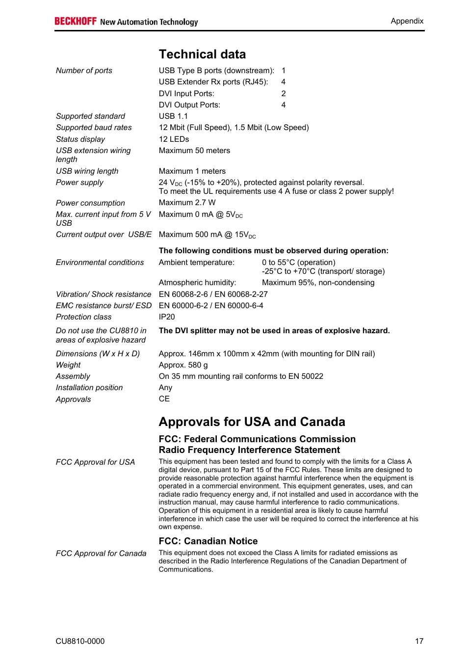 Technical data, Approvals for usa and canada, Fcc: canadian notice | Technical, Data | BECKHOFF CU8810-0000 User Manual | Page 19 / 19