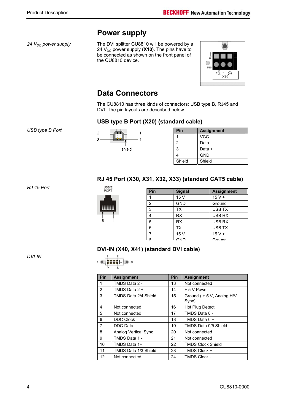 Power supply, Data connectors, Usb type b port (x20) (standard cable) | Dvi-in (x40, x41) (standard dvi cable) | BECKHOFF CU8810-0000 User Manual | Page 6 / 19