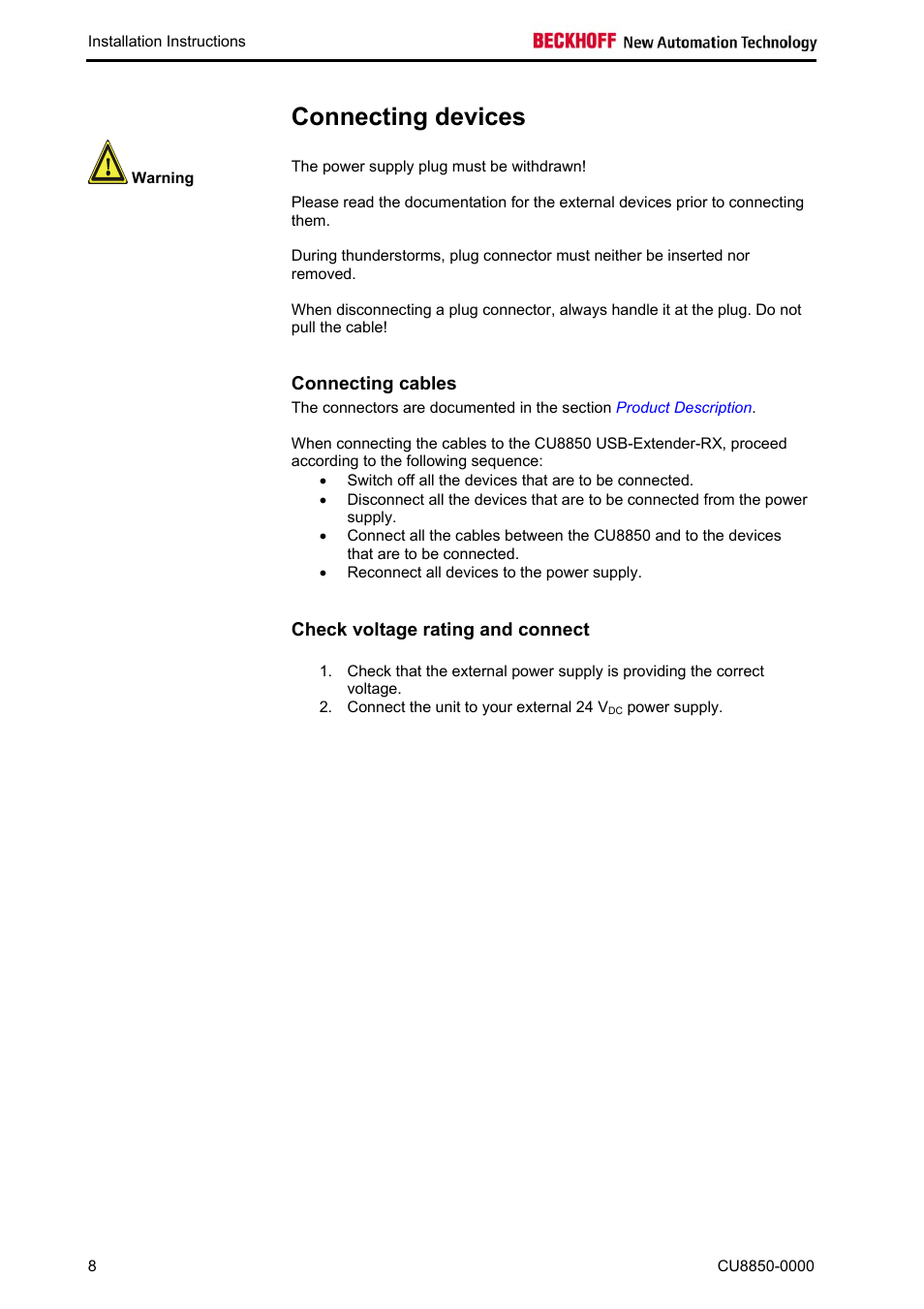 Connecting devices, Connecting cables, Check voltage rating and connect | BECKHOFF CU8850-0000 User Manual | Page 10 / 14