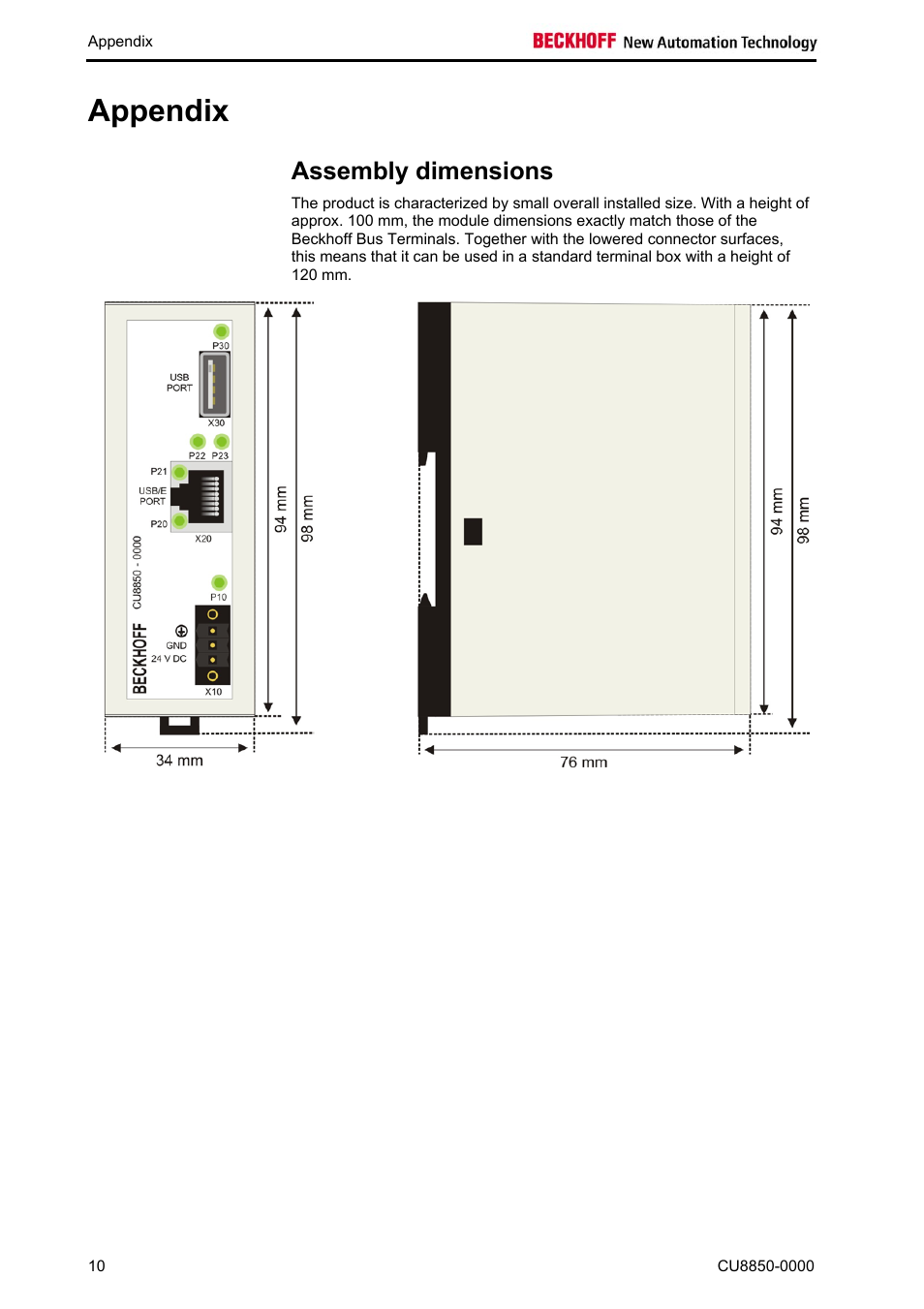 Appendix, Assembly dimensions, Appendix 10 | BECKHOFF CU8850-0000 User Manual | Page 12 / 14