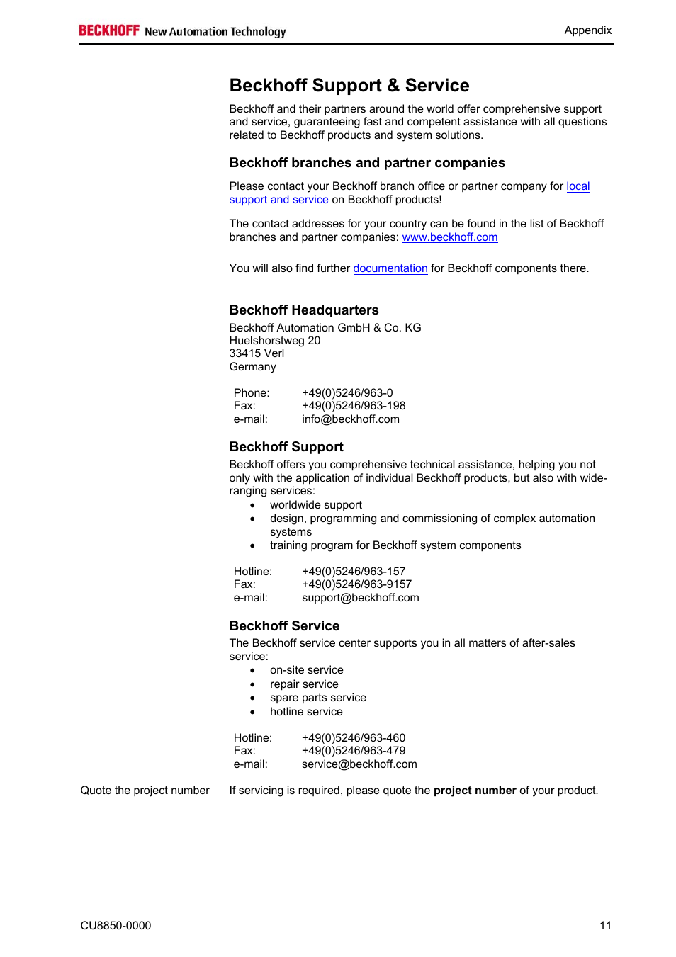 Beckhoff support & service, Beckhoff branches and partner companies, Beckhoff headquarters | Beckhoff support, Beckhoff service | BECKHOFF CU8850-0000 User Manual | Page 13 / 14