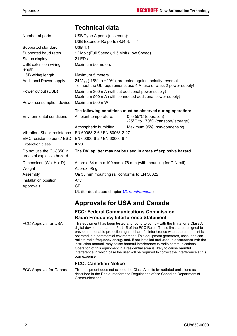 Technical data, Approvals for usa and canada, Fcc: canadian notice | Technical, Data | BECKHOFF CU8850-0000 User Manual | Page 14 / 14