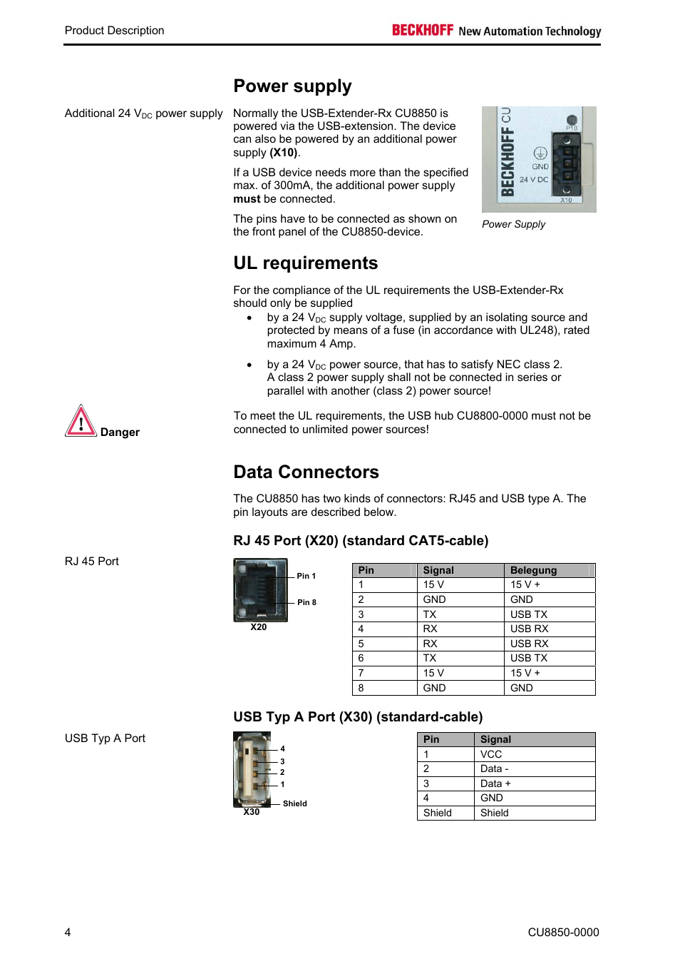Power supply, Ul requirements, Data connectors | Rj 45 port (x20) (standard cat5-cable), Usb typ a port (x30) (standard-cable) | BECKHOFF CU8850-0000 User Manual | Page 6 / 14