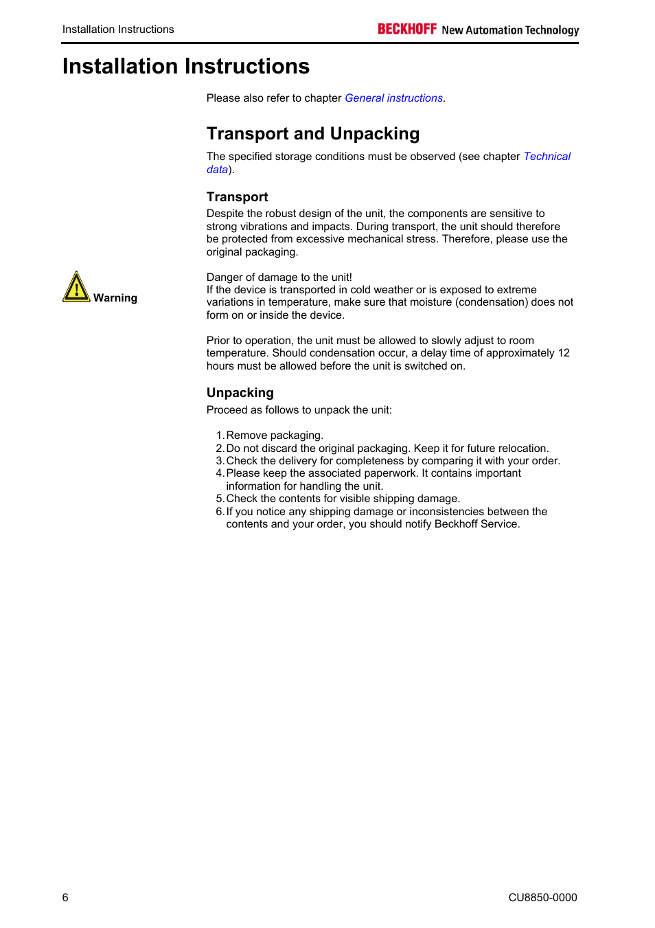 Installation instructions, Transport and unpacking, Transport | Unpacking | BECKHOFF CU8850-0000 User Manual | Page 8 / 14