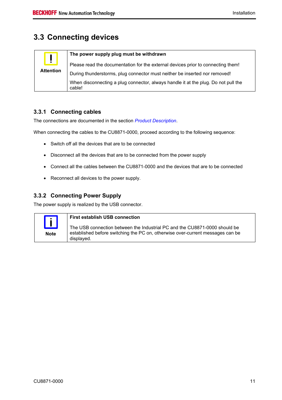 Connecting devices, Connecting cables, Connecting power supply | 3 connecting devices | BECKHOFF CU8871-0000 User Manual | Page 13 / 19