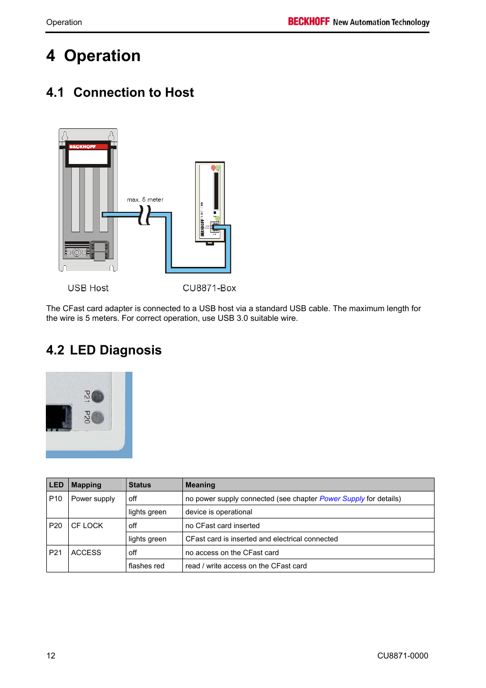 Operation, Connection to host, Led diagnosis | Operation 12, 4 operation, 1 connection to host, 2 led diagnosis | BECKHOFF CU8871-0000 User Manual | Page 14 / 19