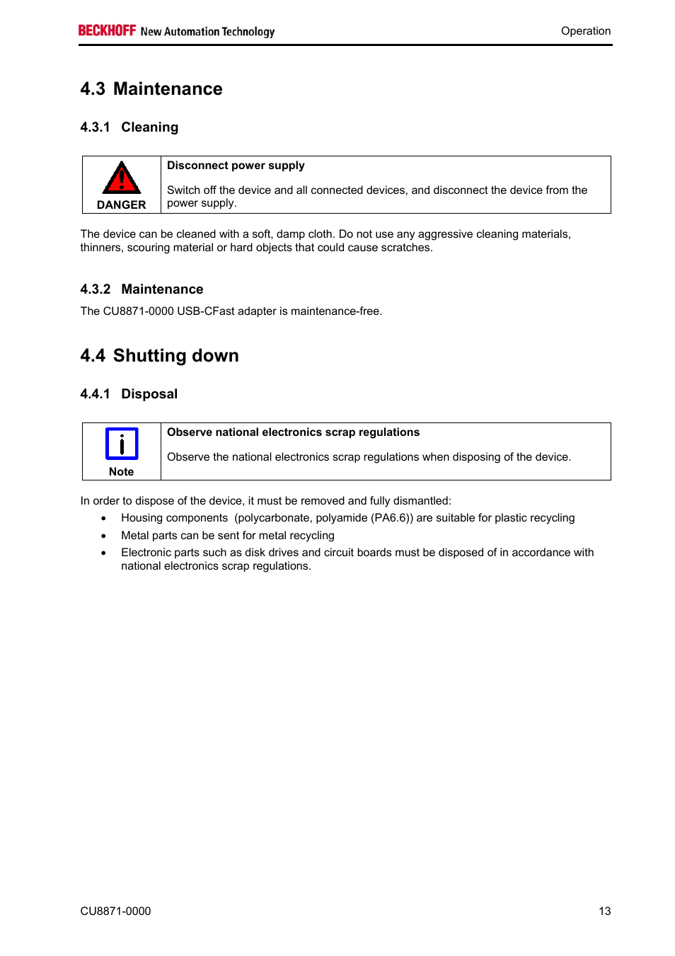 Maintenance, Cleaning, Shutting down | Disposal, Maintenance 13, 3 maintenance, 4 shutting down | BECKHOFF CU8871-0000 User Manual | Page 15 / 19