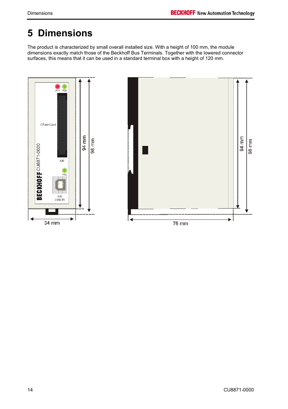 Dimensions, Dimensions 14, 5 dimensions | BECKHOFF CU8871-0000 User Manual | Page 16 / 19