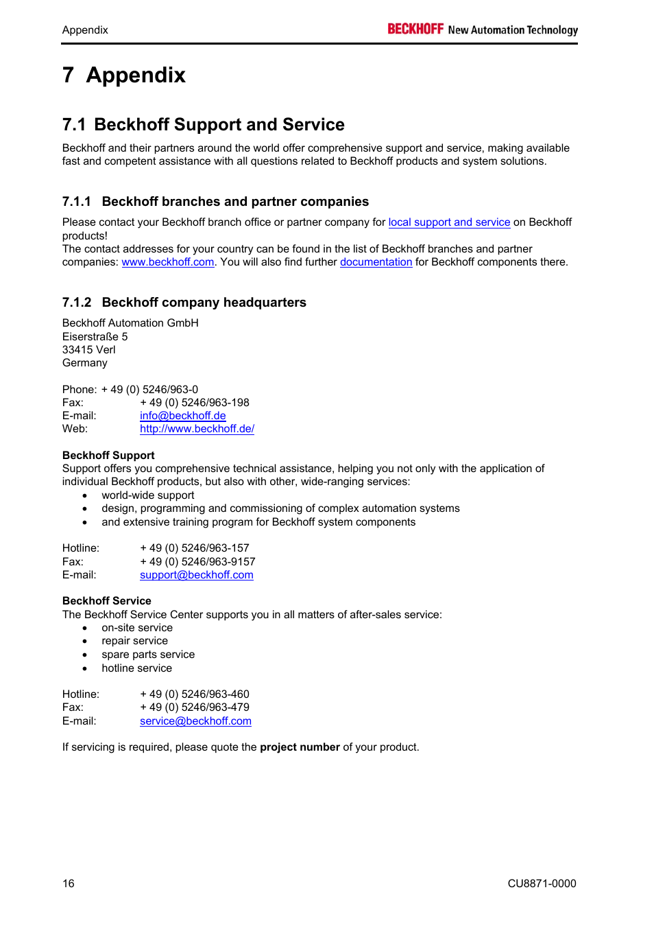 Appendix, Beckhoff support and service, Beckhoff branches and partner companies | Beckhoff company headquarters, Beckhoff support, Beckhoff service, Appendix 16, 7 appendix, 1 beckhoff support and service | BECKHOFF CU8871-0000 User Manual | Page 18 / 19