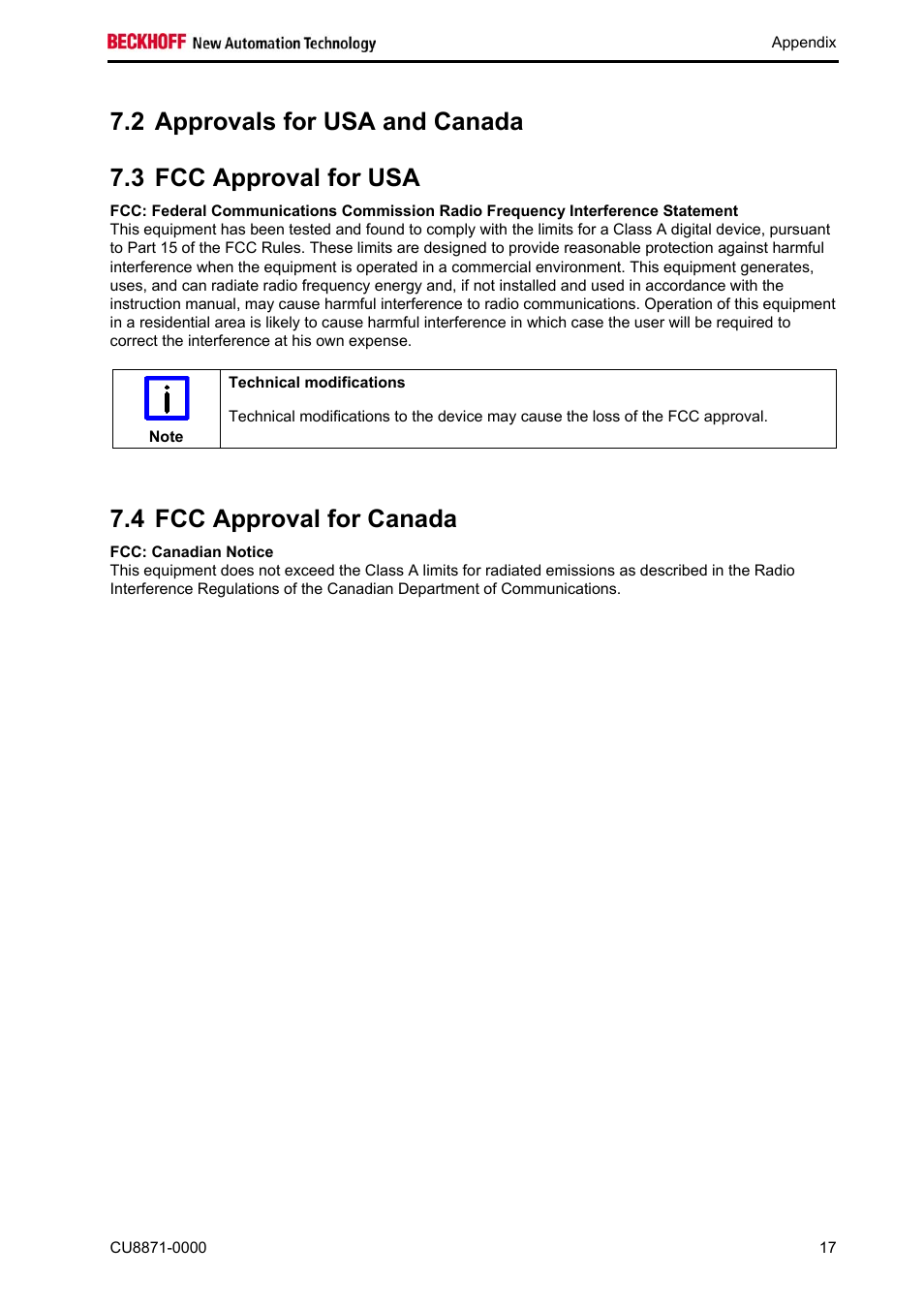 Approvals for usa and canada, Fcc approval for usa, Fcc approval for canada | Fcc: canadian notice, 4 fcc approval for canada | BECKHOFF CU8871-0000 User Manual | Page 19 / 19