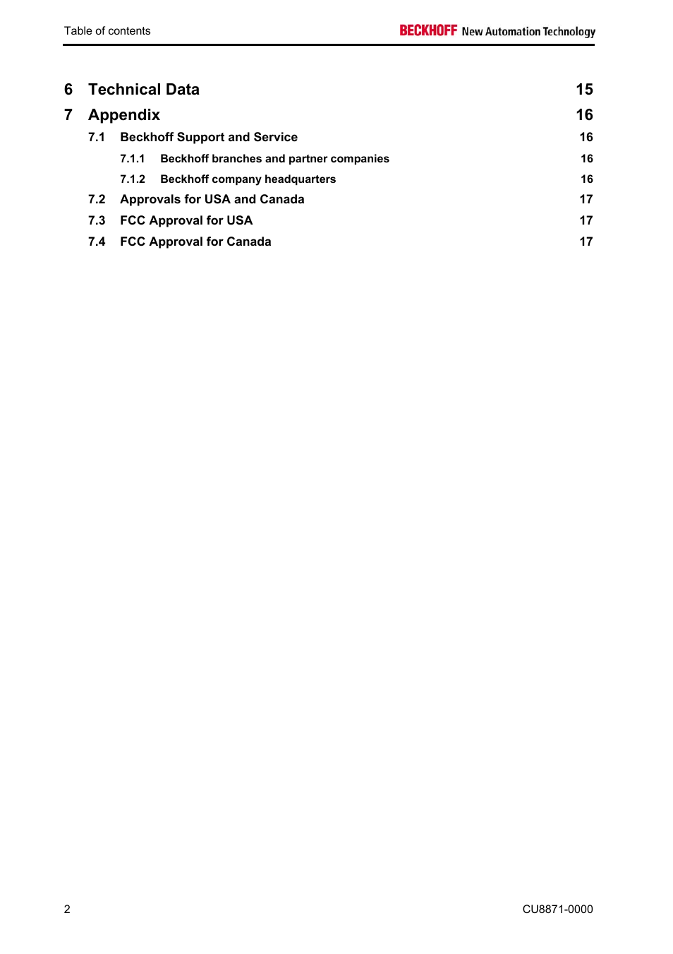 Technical data 15, Appendix 16 | BECKHOFF CU8871-0000 User Manual | Page 4 / 19