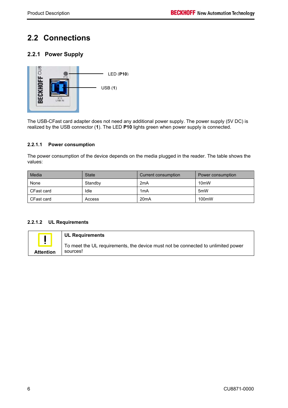 Connections, Power supply, Power consumption | Ul requirements, Connections 6, 2 connections, 1 power supply | BECKHOFF CU8871-0000 User Manual | Page 8 / 19
