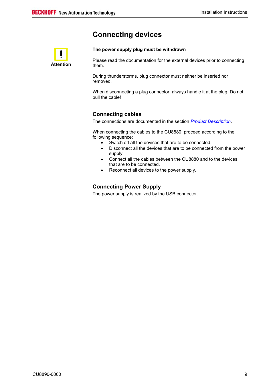 Connecting devices, The power supply plug must be withdrawn, Connecting cables | Connecting power supply | BECKHOFF CU8890-0000 User Manual | Page 11 / 43