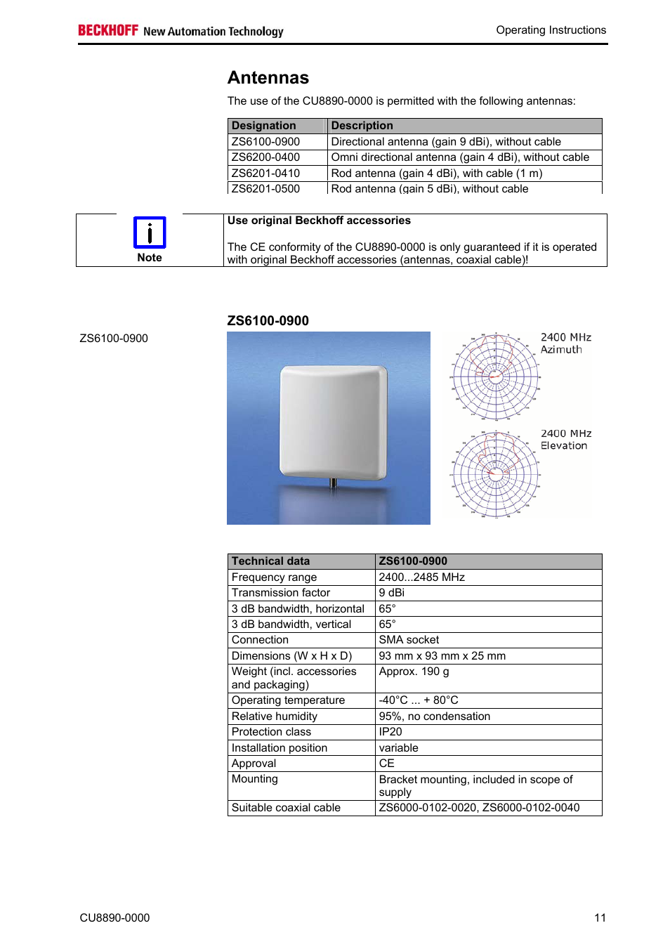 Antennas, Use original beckhoff accessories, Zs6100-0900 | Antennas 11, Zs6100-0900 11 | BECKHOFF CU8890-0000 User Manual | Page 13 / 43