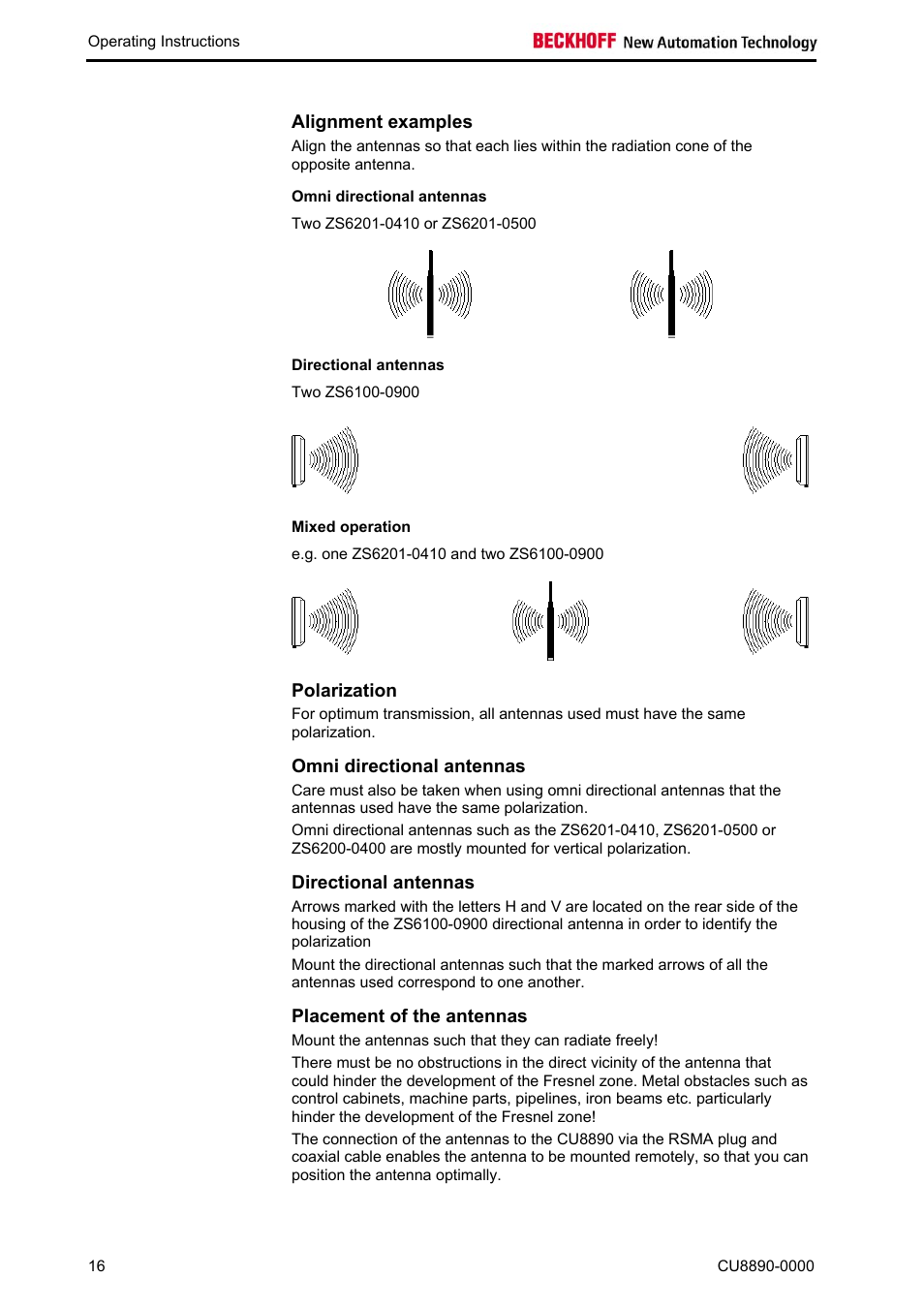 Alignment examples, Omni directional antennas, Directional antennas | Mixed operation, Polarization, Placement of the antennas, Polarization 16 | BECKHOFF CU8890-0000 User Manual | Page 18 / 43