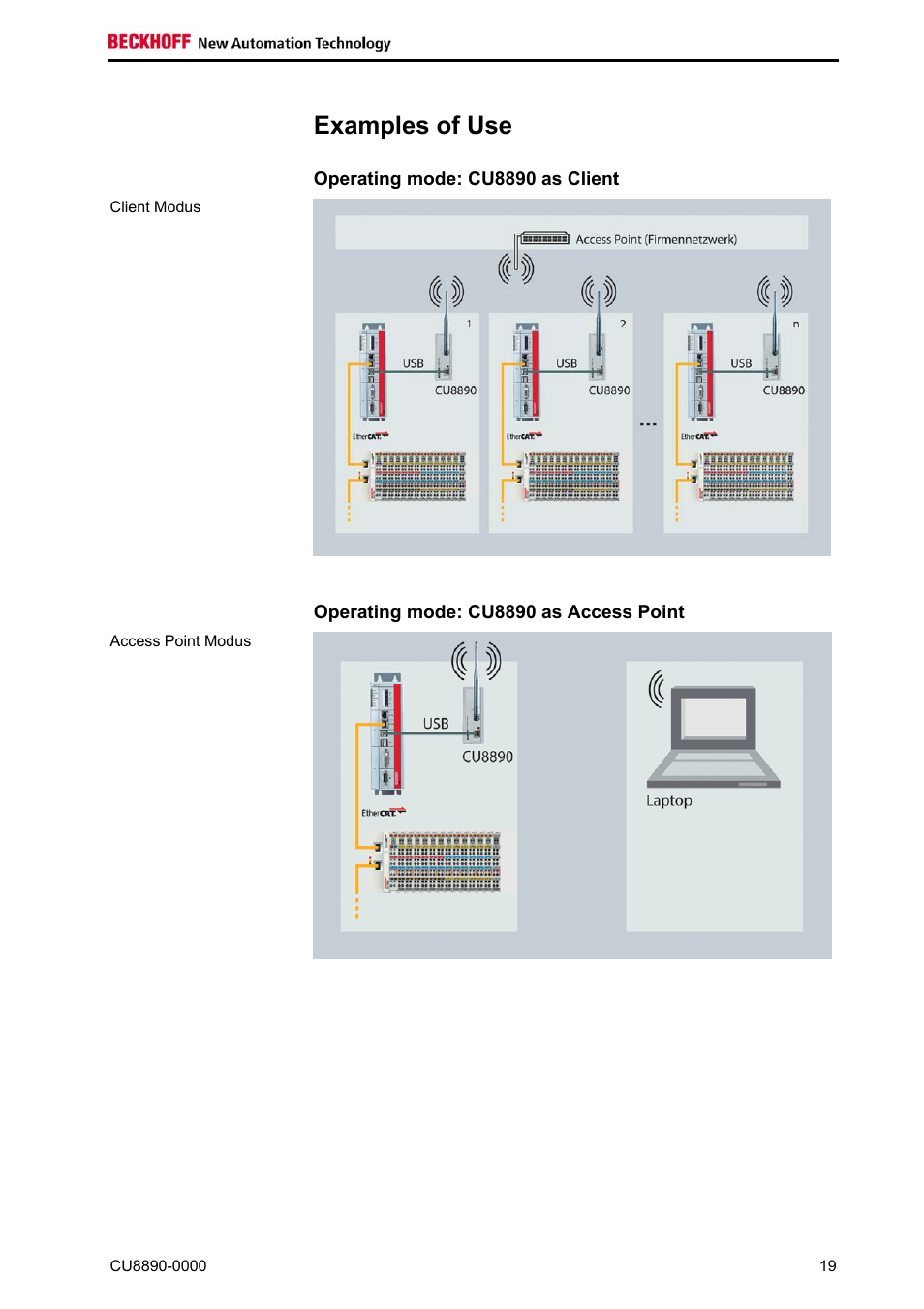 Examples of use, Operating mode: cu8890 as client, Operating mode: cu8890 as access point | BECKHOFF CU8890-0000 User Manual | Page 21 / 43