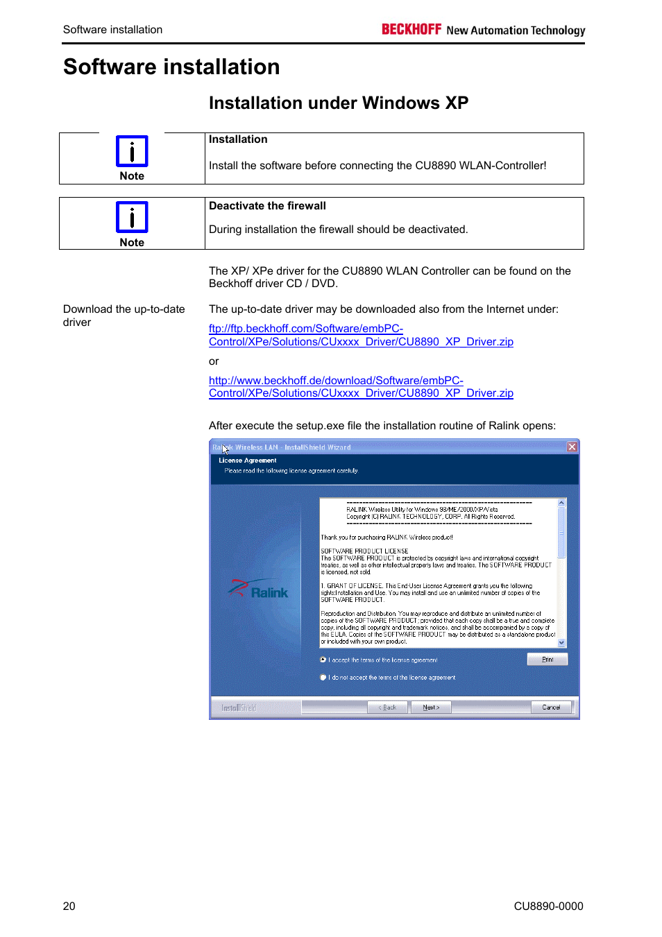 Software installation, Installation under windows xp, Installation | BECKHOFF CU8890-0000 User Manual | Page 22 / 43