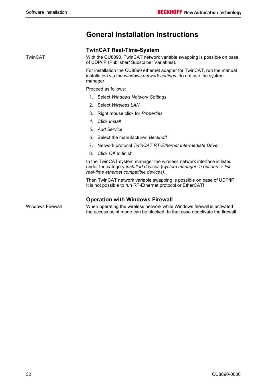 General installation instructions, Twincat real-time-system, Operation with windows firewall | BECKHOFF CU8890-0000 User Manual | Page 34 / 43