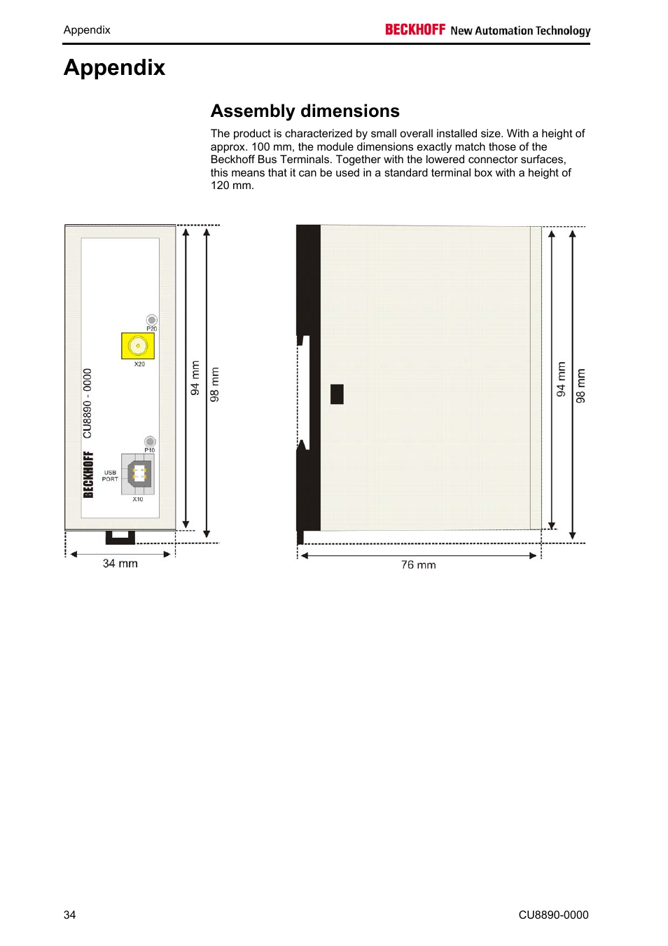 Appendix, Assembly dimensions, Appendix 34 | BECKHOFF CU8890-0000 User Manual | Page 36 / 43