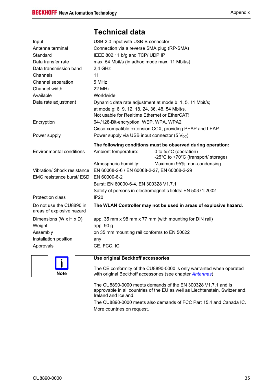 Technical data, Use original beckhoff accessories, Technical | Data | BECKHOFF CU8890-0000 User Manual | Page 37 / 43