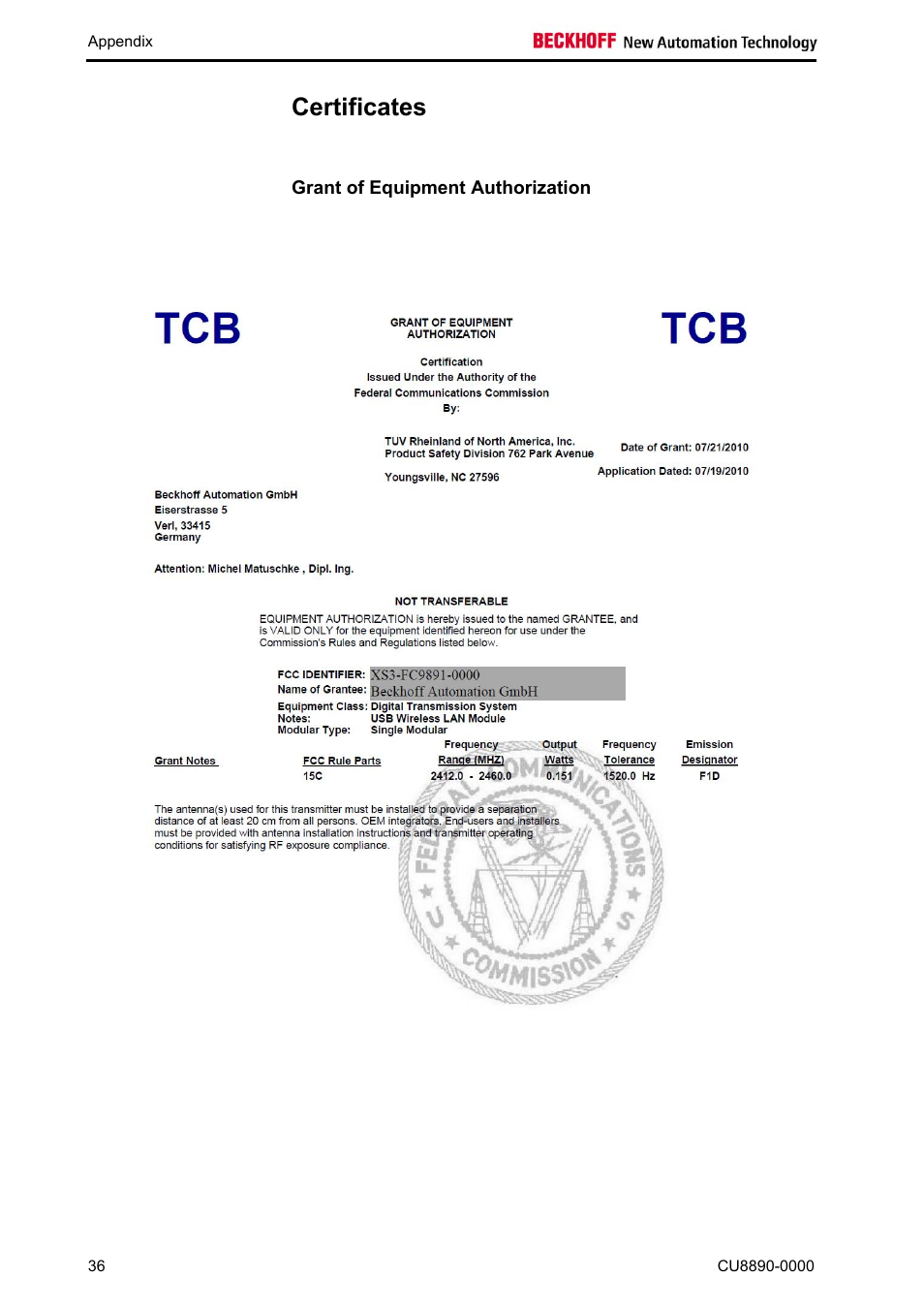 Certificates, Grant of equipment authorization, Certificates 36 | BECKHOFF CU8890-0000 User Manual | Page 38 / 43